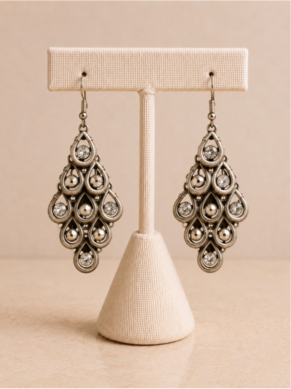 Vintage Antiqued Silver Tone Crystal Teardrop Chandelier Dangle Earrings Boho
